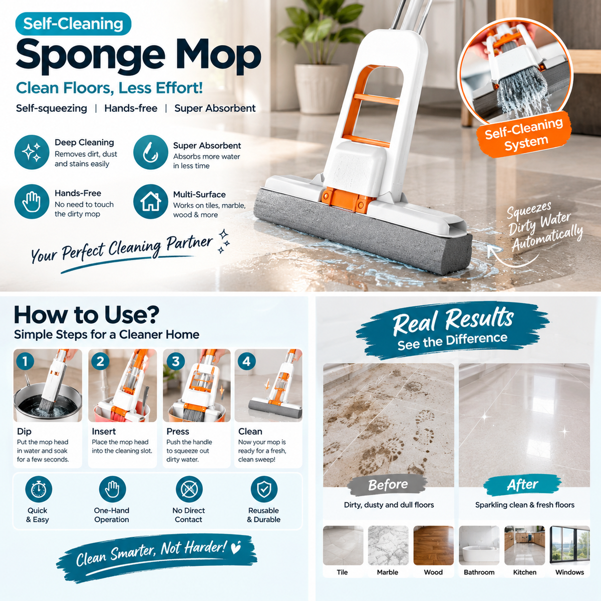 Mini Foldable Sponge Mop, Self-Squeeze Desktop Mop for Small Spaces, Wet & Dry Portable Cleaning Tool for Kitchen Countertops