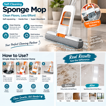 Mini Foldable Sponge Mop, Self-Squeeze Desktop Mop for Small Spaces, Wet & Dry Portable Cleaning Tool for Kitchen Countertops