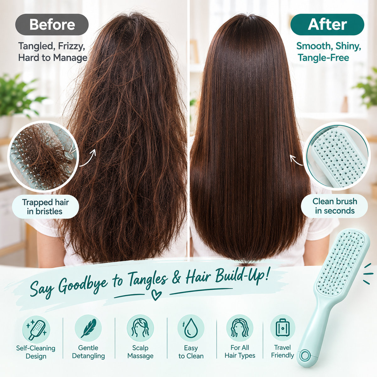 Anti Static Massage Comb with Self Cleaning For Men and women, Retractable Rotary Lift Self-Cleaning Brush, Women's Hair Styling tool